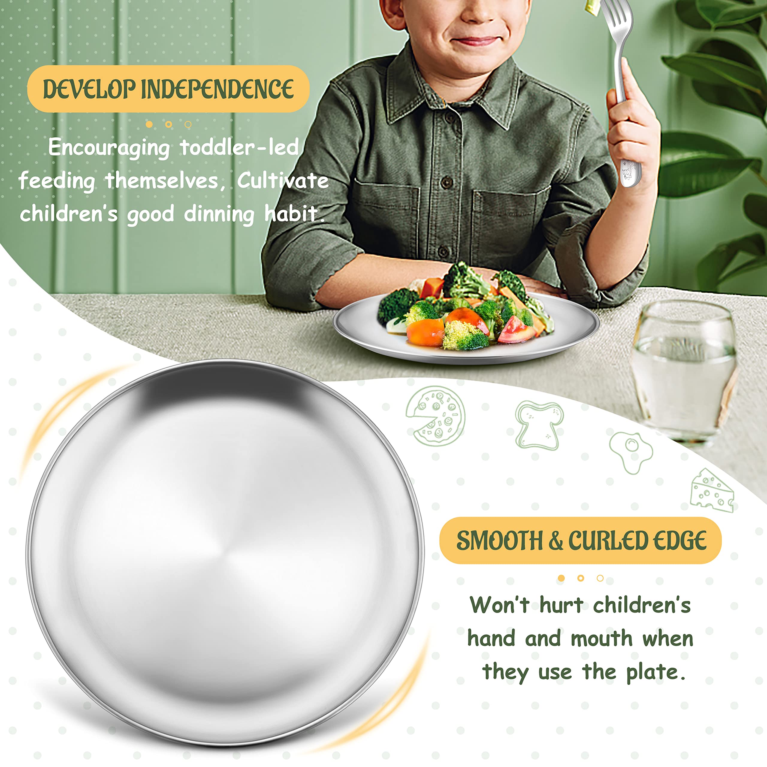 HaWare 4-Piece 18/8 Stainless Steel Plates  Metal 304 Dinner Dishes for Kids Toddlers Children  9 Inch Feeding Serving Camping Plates  Reusable Dinnerware  Shatterproof & Non-toxic  Dishwasher Safe
